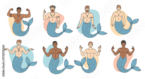 A collection of male mermaids with different skin tones and body types.