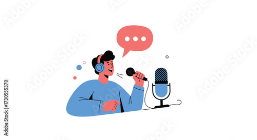 A person wearing headphones speaks into a microphone and recording audio.