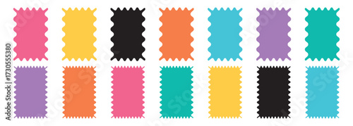 Set of frames with zigzag edge, scallop edge shape.  Vector illustration set of colorful shiny zigzag wavy frames. Wavy circular, oval and rectangular shape elements set vector illustration.