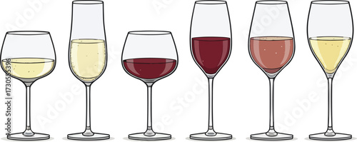 Colorful Wine Glass Vector Set – Red Wine, White Wine, Cocktail, and Party Drink Illustration