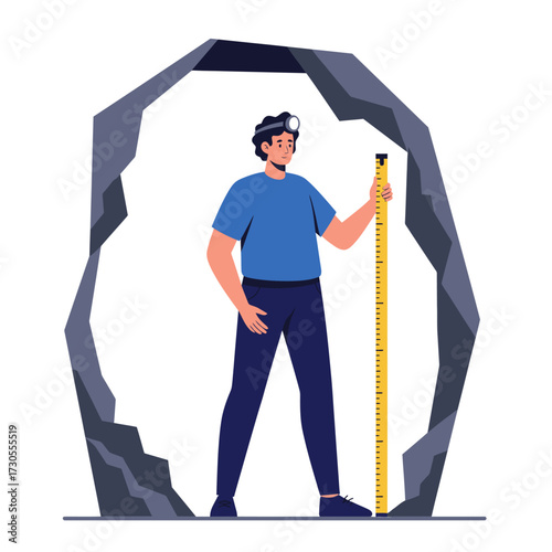 A miner stands in a cave entrance holding a measuring stick, wearing a headlamp, assessing the mine's dimensions.