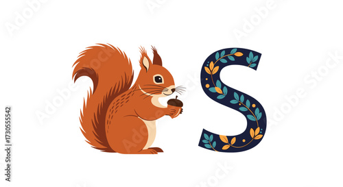 Cute cartoon squirrel holding acorn next to letter S.
