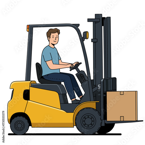 Illustration of a man operating a yellow forklift, lifting a cardboard box.