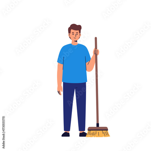 Man standing, holding a broom, ready to sweep.