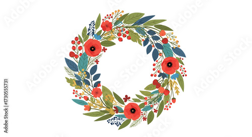 A beautiful round floral wreath composed of red flowers and green leaves. 