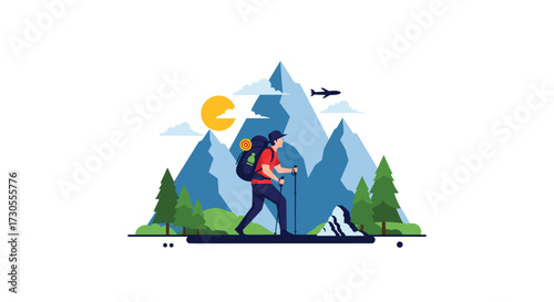 A hiker with a backpack walks through a scenic mountain landscape.