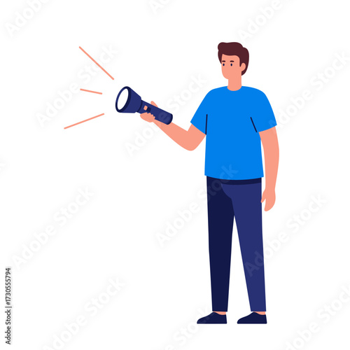 Man with flashlight in hand exploring a dark space with rays of light emanating