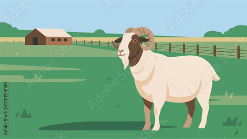 Illustration Of A Boer Goat With A Brown Head On A South African Farm With Green Pastures Vector Design Template