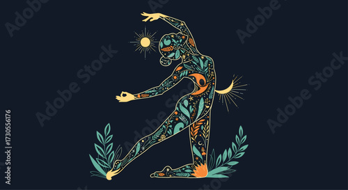 Abstract dancer with natural patterns in a dynamic pose.