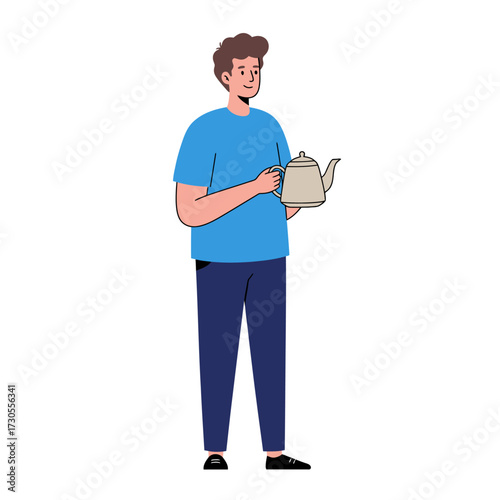 A man standing and holding a teapot in his hands, looking to the side with a slight smile.