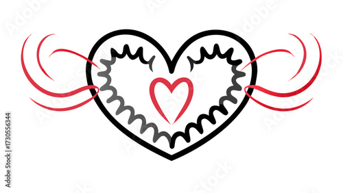 Stylized heart with abstract red ribbons symbolizing love and passion for romantic themes and Valentine's Day designs