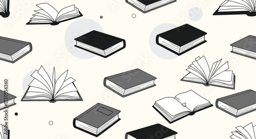 A collection of open and closed books creating a whimsical pattern.