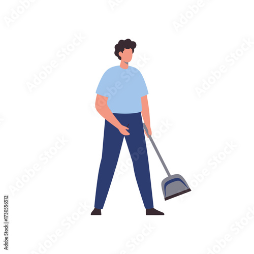 Man in blue shirt and pants stands holding a dustpan, ready to clean.