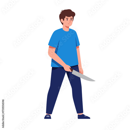 A cartoon illustration of a man holding a large knife, looking forward.