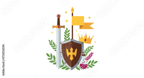 Medieval kingdom emblem with shield sword crown and flag.