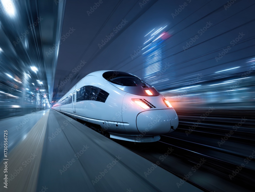 Fototapeta premium A sleek, modern high-speed train rushes through a nighttime cityscape, illuminated by lights and motion blur, showcasing advanced transportation technology.