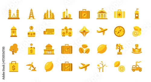 Collection of Flat Icons Representing Travel, Business, and Leisure Activities