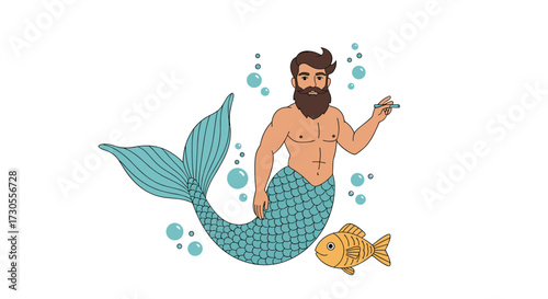 A bearded merman swims with a small goldfish.