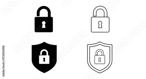 Four security icons: two padlocks and two shields, each in solid and outline versions.