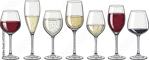Colorful Wine Glass Vector Set – Red Wine, White Wine, Cocktail, and Party Drink Illustration