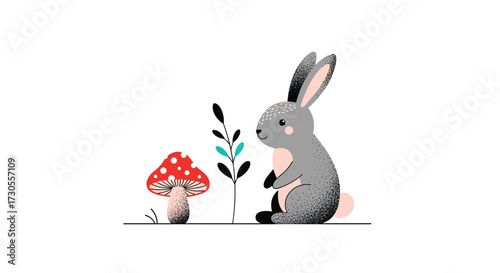 A cute rabbit near a mushroom and some plants in the forest.