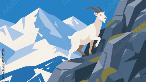 Illustration Of An Alpine Mountain Goat Climbing A Rocky Cliff With A Snowy Mountain Background Vector Design Template