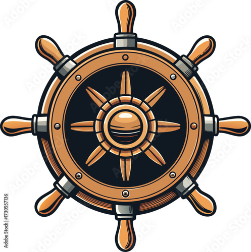 Stylized wooden ship's wheel with sunburst center and metallic accents helm nautical vector illustration EPS file download.
