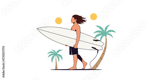 A surfer walks along the beach carrying his surfboard on a sunny day.