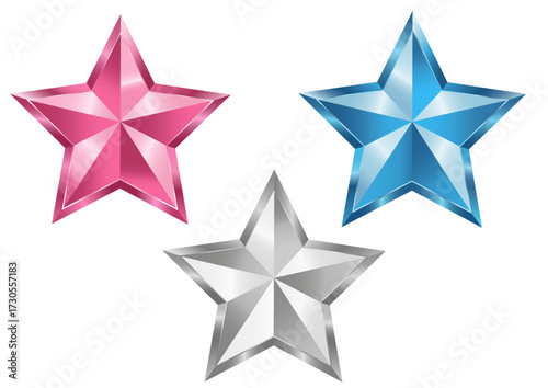 Pink Star, Blue Star and Silver Star. Stars Shining. Vector Elements. 3 Stars together