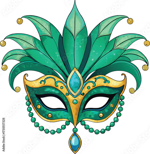 Green and gold Mardi Gras mask with feathers and beads vector.