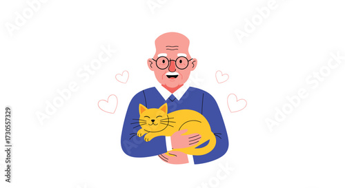 An elderly gentleman with glasses holding a surprised ginger cat.