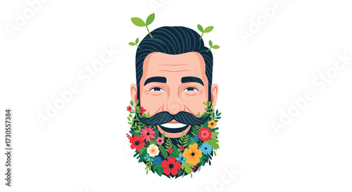 A man with a beard full of flowers and plants.