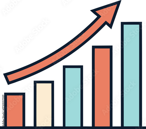 Coral and teal bar chart with rising arrow graph vector illustration EPS file download.

