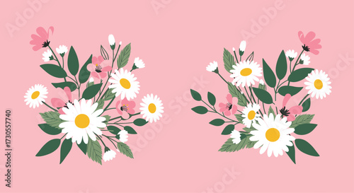 Two beautiful floral arrangements of daisies and pink flowers on a pink background.