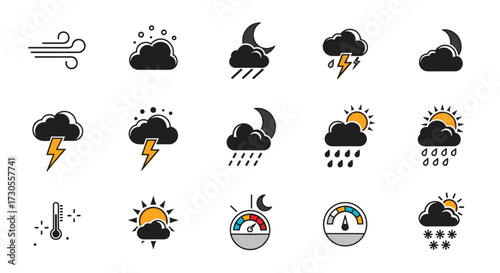 Collection of weather icons depicting various atmospheric conditions and forecast symbols.