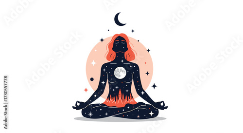 A mystical woman meditates under a celestial sky and a moon.