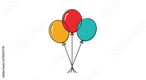A cluster of three colorful balloons floats upwards together.