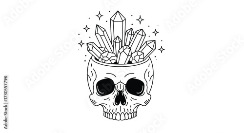 A skull filled with crystals pointing upwards with a starry glow.