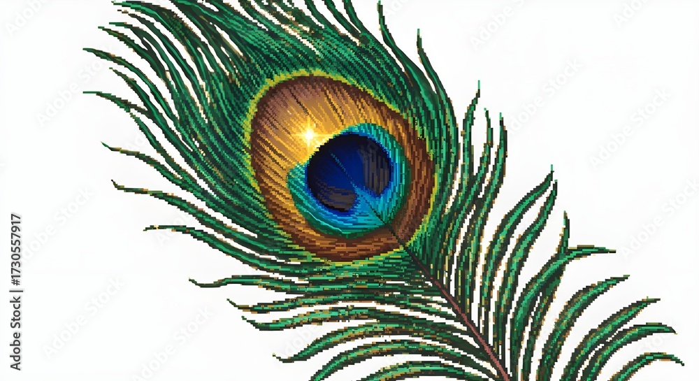 Obraz premium Pixel Art Peacock Feather with Golden Glow in Retro 8-Bit Style