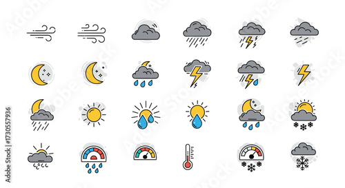 A collection of weather condition icons in a flat design style.