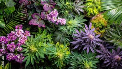 A vibrant display of diverse plant life, featuring lush greenery, vibrant purple flowers, and various tones of green, creating a rich, botanical scene.