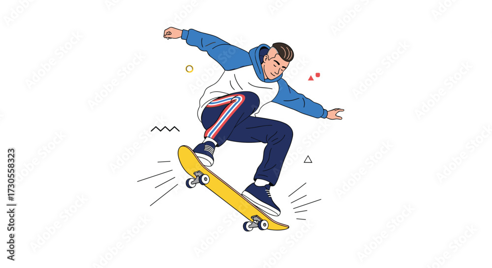Fototapeta premium A young man performs a trick on a yellow skateboard.