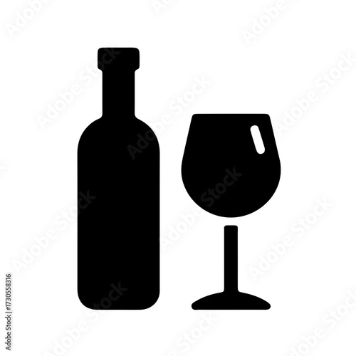 Wine Glass Beside Upright Wine Bottle Icon Minimalist Black Vector