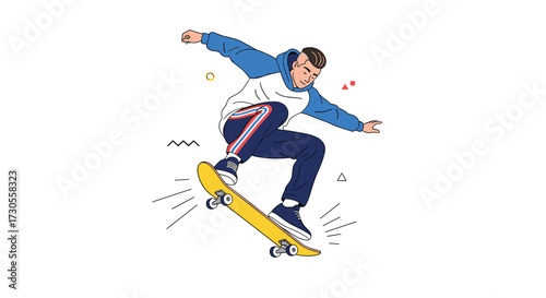 A young man performs a trick on a yellow skateboard.