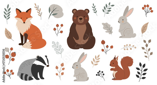 A charming collection of woodland creatures and autumnal foliage elements.