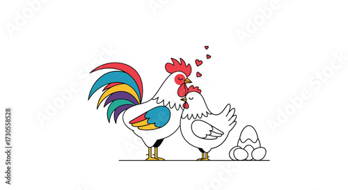 A colorful rooster and hen embracing with hearts above their heads and eggs nearby.