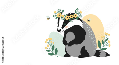 A cute badger wearing a flower crown with a bee flying nearby.