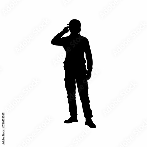 Silhouette of a worker gesturing to communicate with a colleague isolated on white background