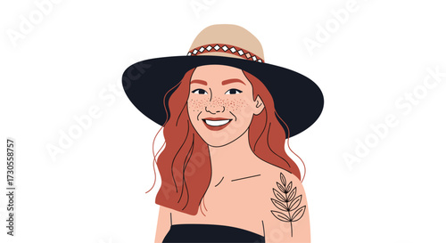 A young woman wearing a stylish wide brim hat and looking confidently into the camera.