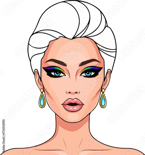 Woman with colorful makeup on white background